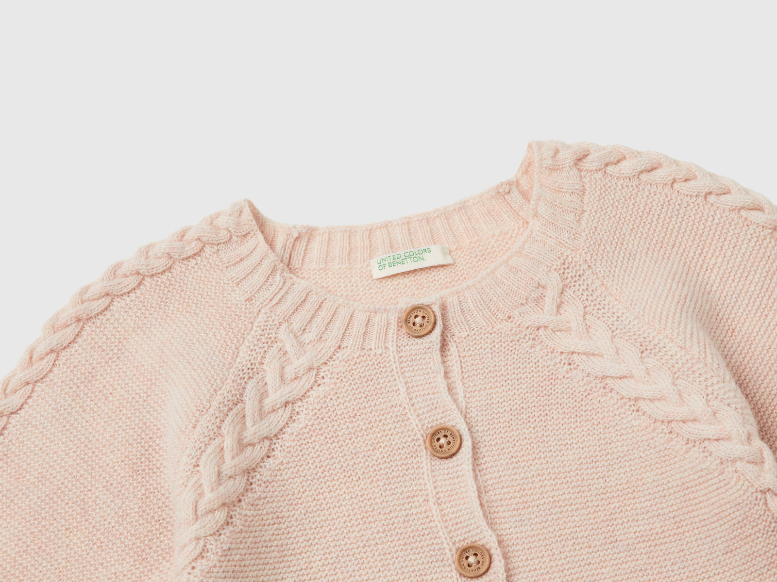 Cardigan con trecce in misto lana riciclata da neonato rosa tenue 3 | Benetton Outlet