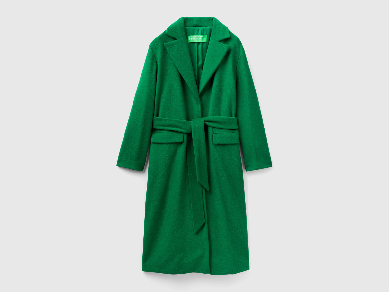 Cappotto lungo con cintura da donna verde | Benetton Outlet
