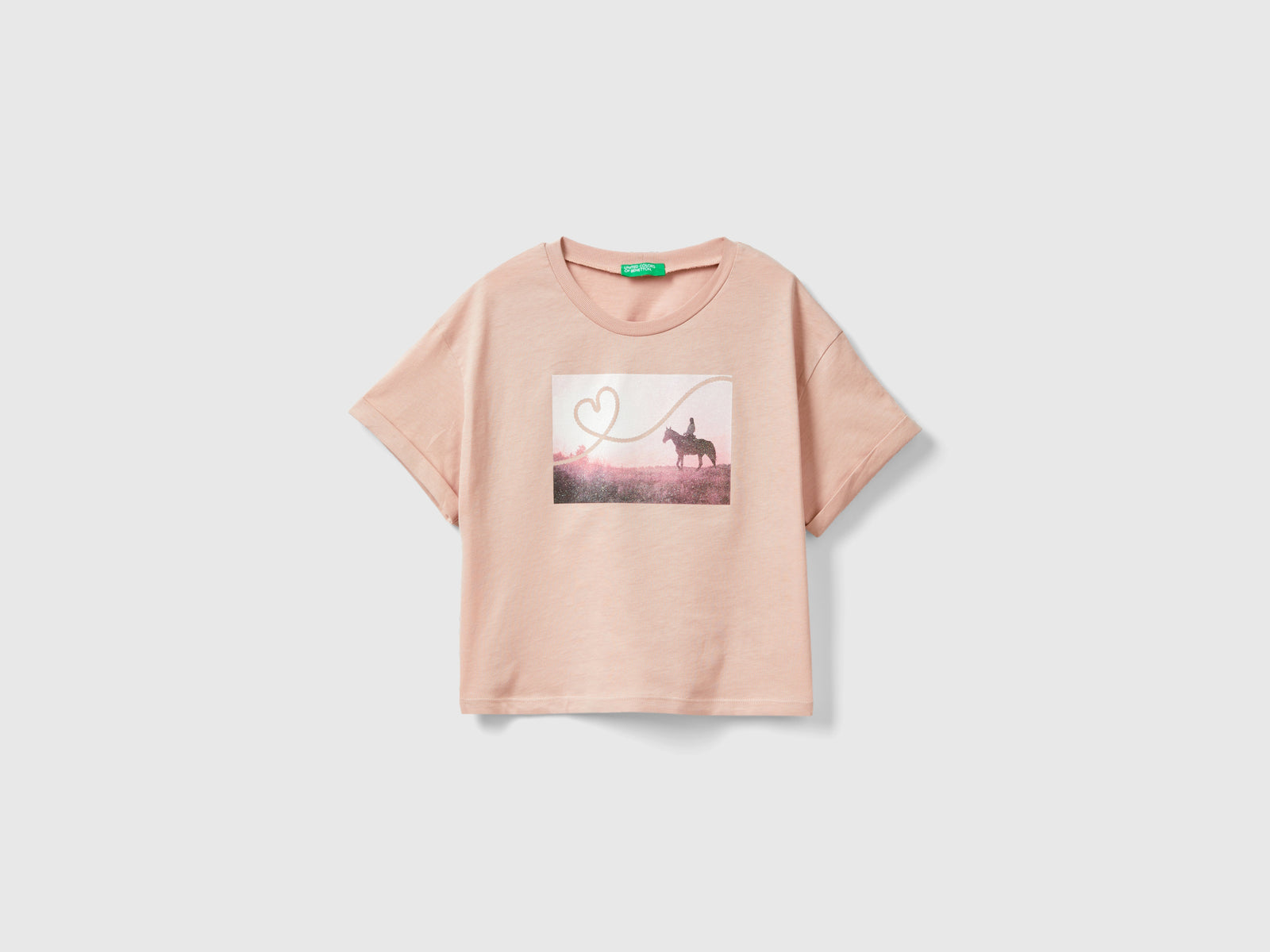 T-shirt con stampa fotografica cavalli da bambina rosa tenue | Benetton Outlet