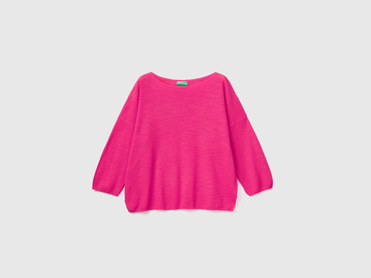 Maglioncino lavorato boxy fit in misto cotone e lino da donna fucsia | Benetton Outlet