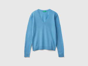 Maglia con scollo a V azzurra in pura lana Merino