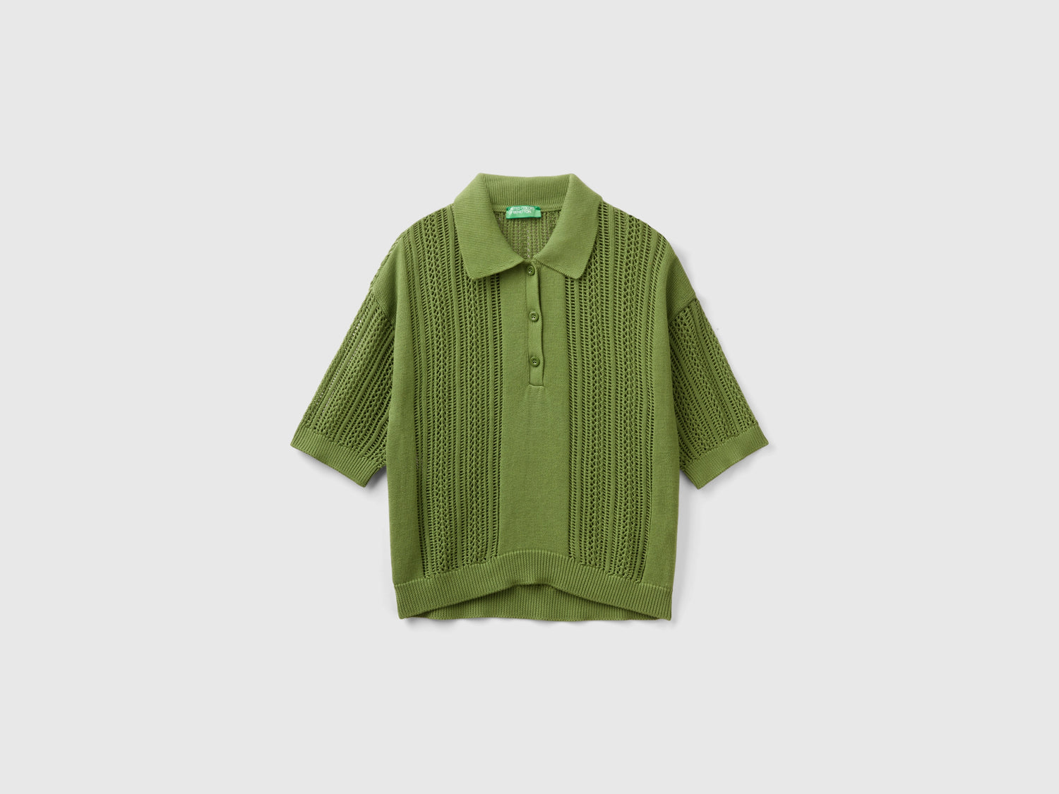 Polo in maglia crochet da donna verde militare | Benetton Outlet