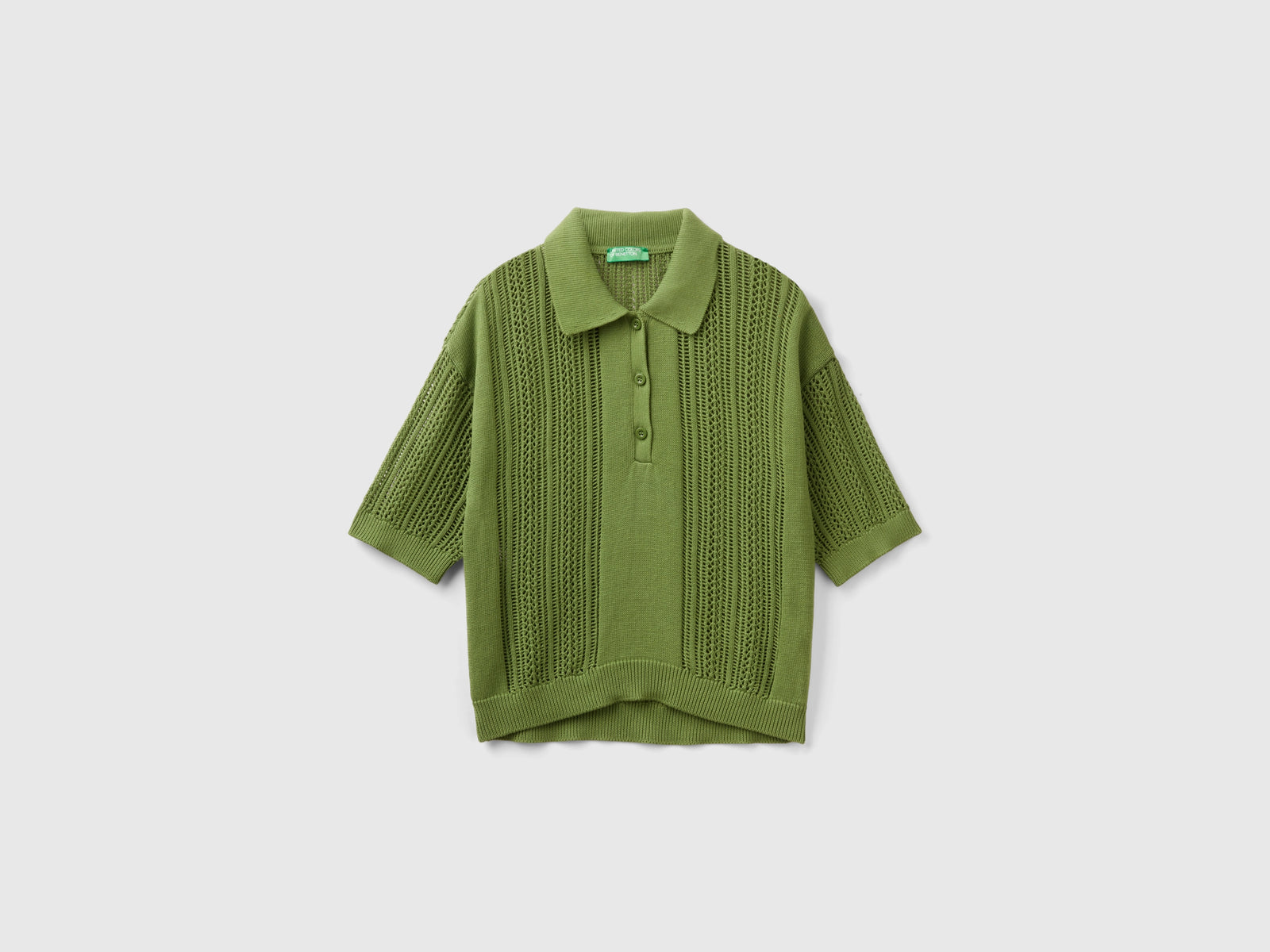 Polo in maglia crochet da donna verde militare | Benetton Outlet