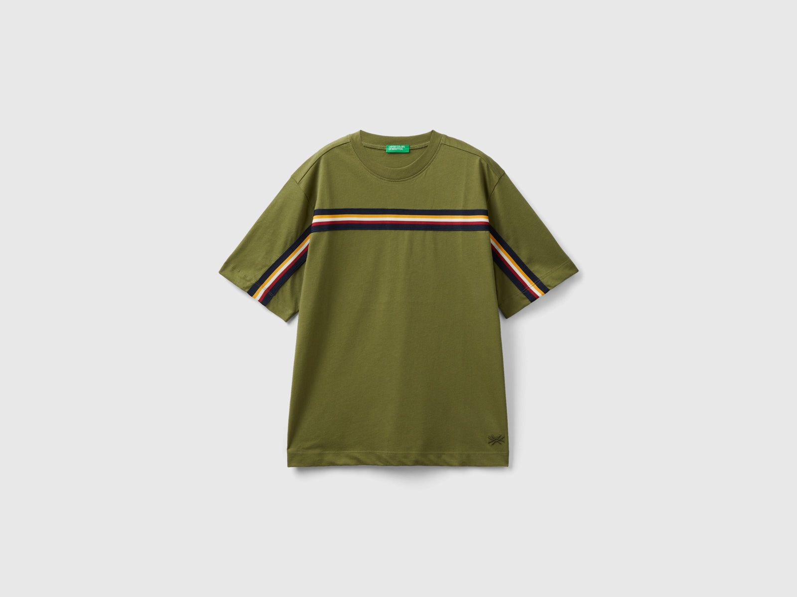 Maglietta con dettagli a righe da bambino verde militare | Benetton Outlet