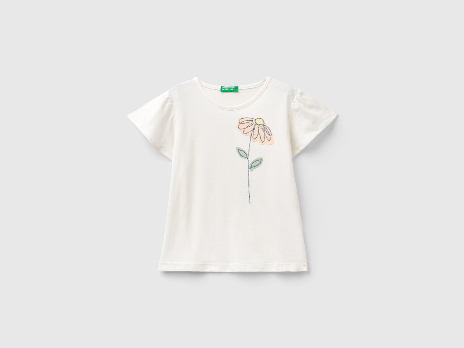 Maglietta con ricamo floreale da bimba bianco panna | Benetton Outlet