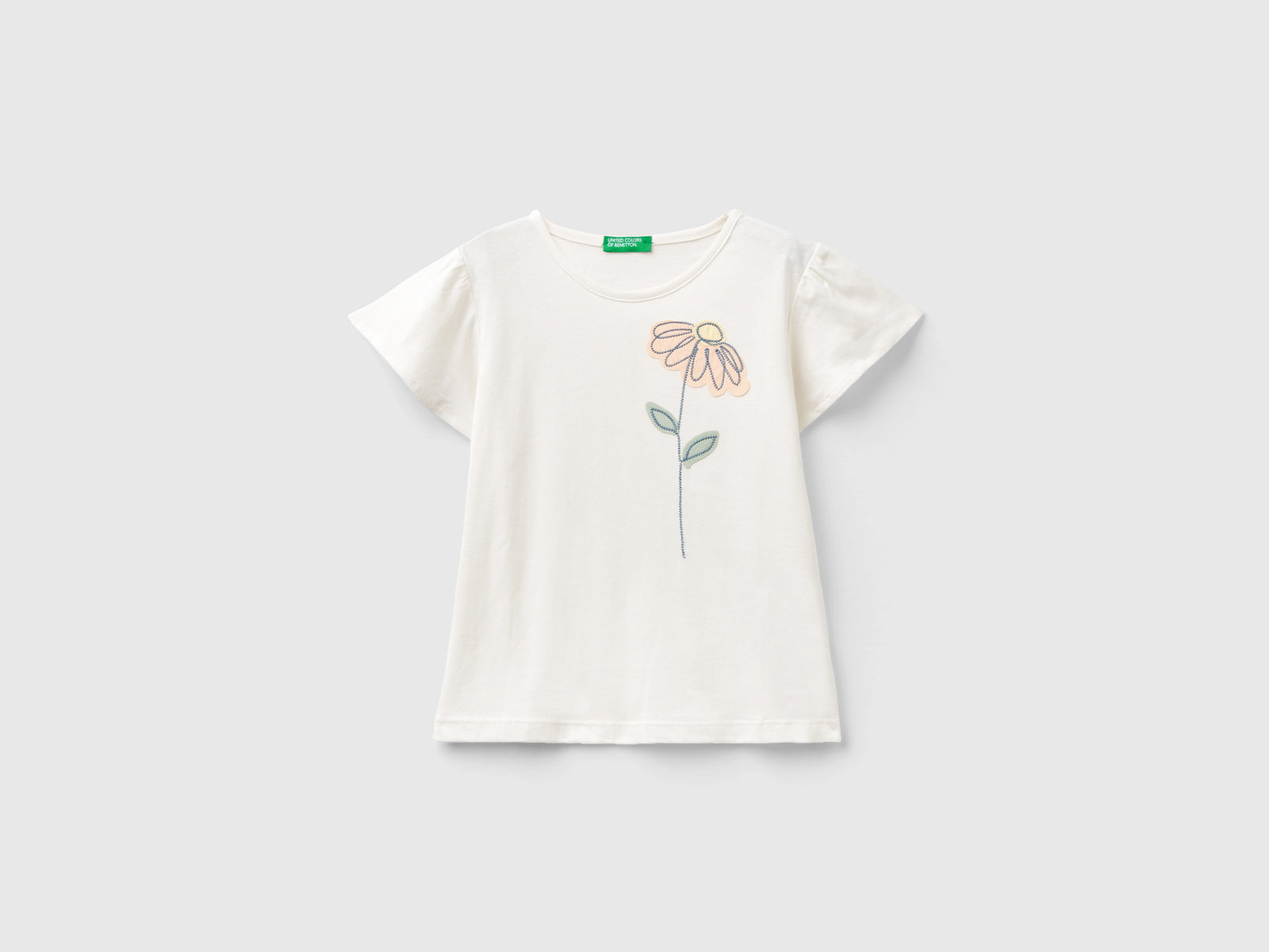 Maglietta con ricamo floreale da bimba bianco panna | Benetton Outlet
