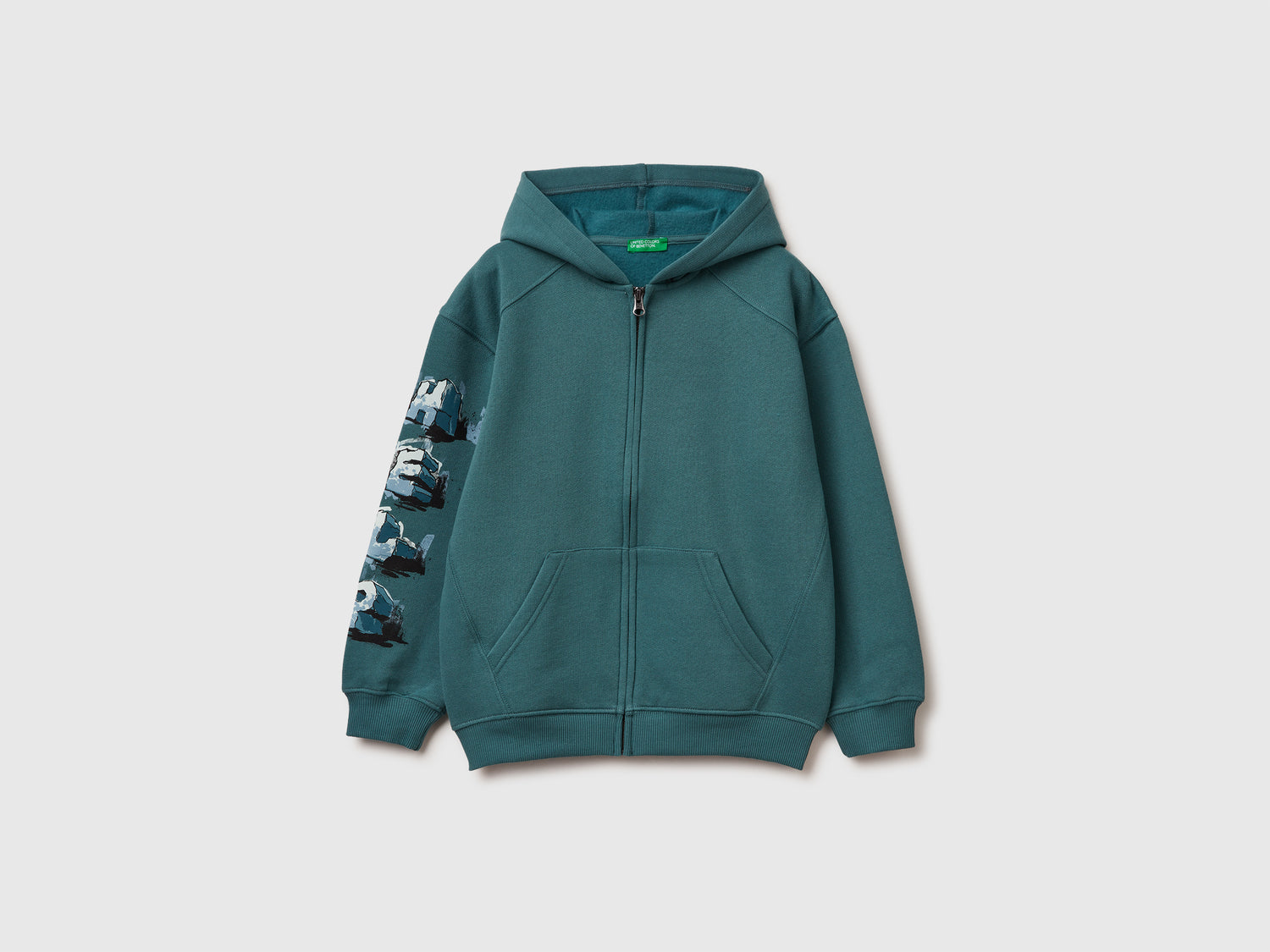 Felpa con stampa e cappuccio da bambino verde ottanio | Benetton Outlet