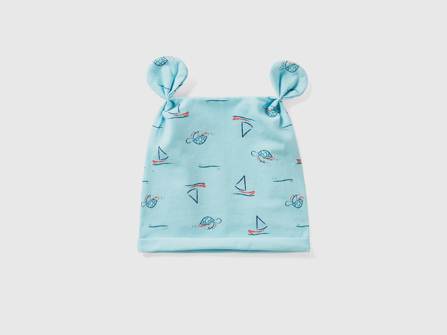 Cuffietta in puro cotone con orecchie applicate e stampa fantasia da neonato turchese | Benetton Outlet
