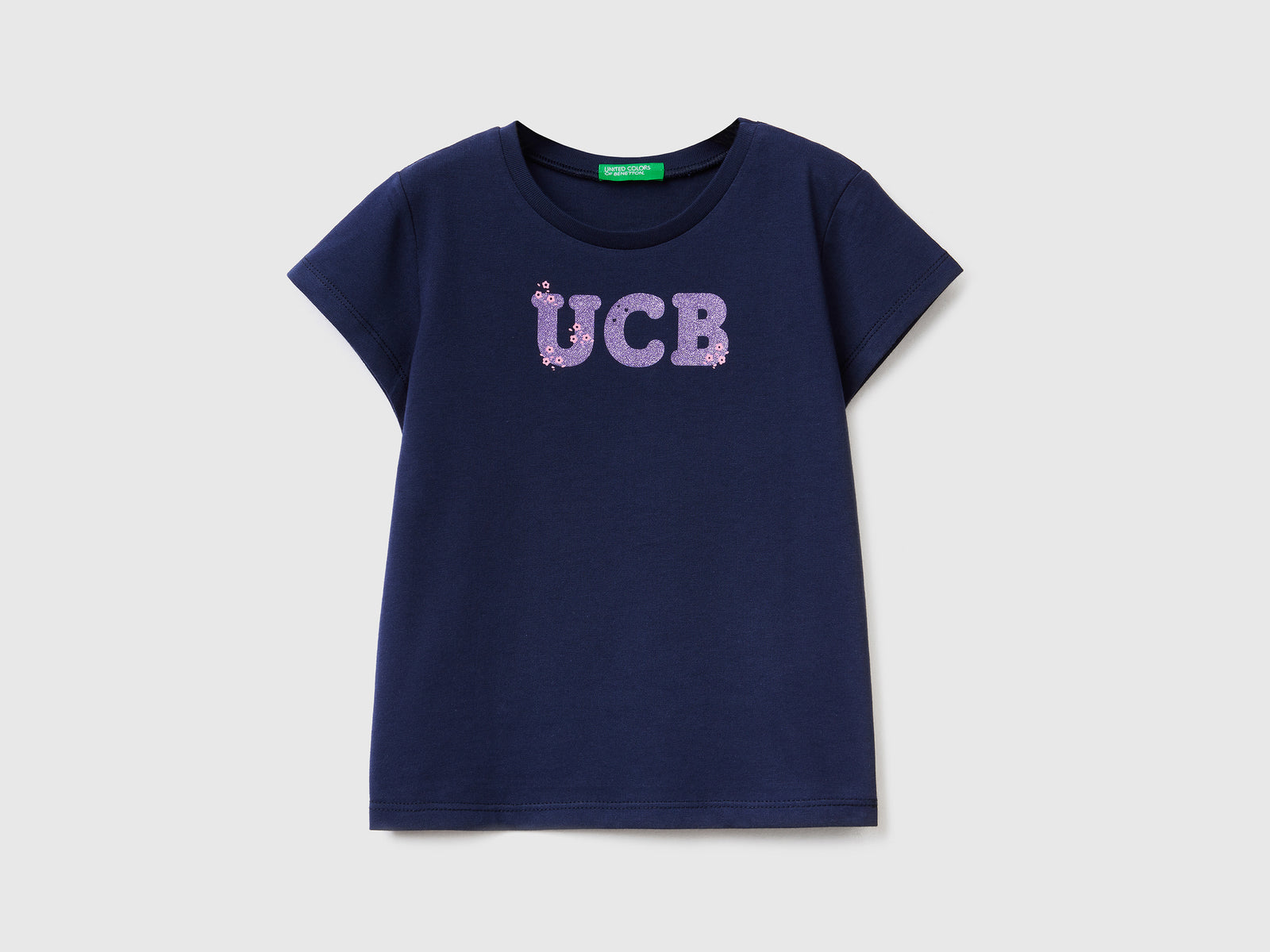 Maglietta girocollo a manica corta in puro cotone da bimba blu scuro | Benetton Outlet