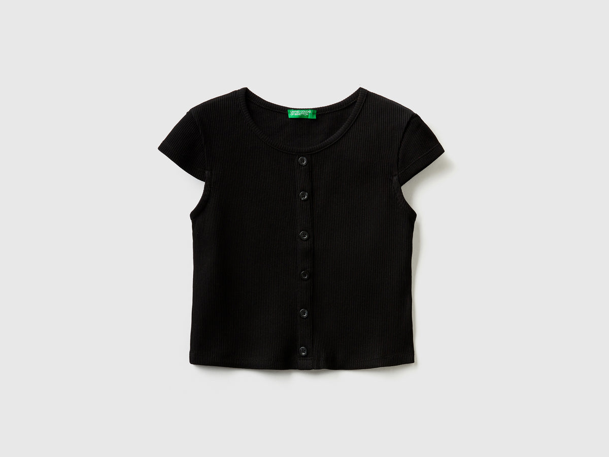 T-shirt girocollo a costine di cotone elasticizzato