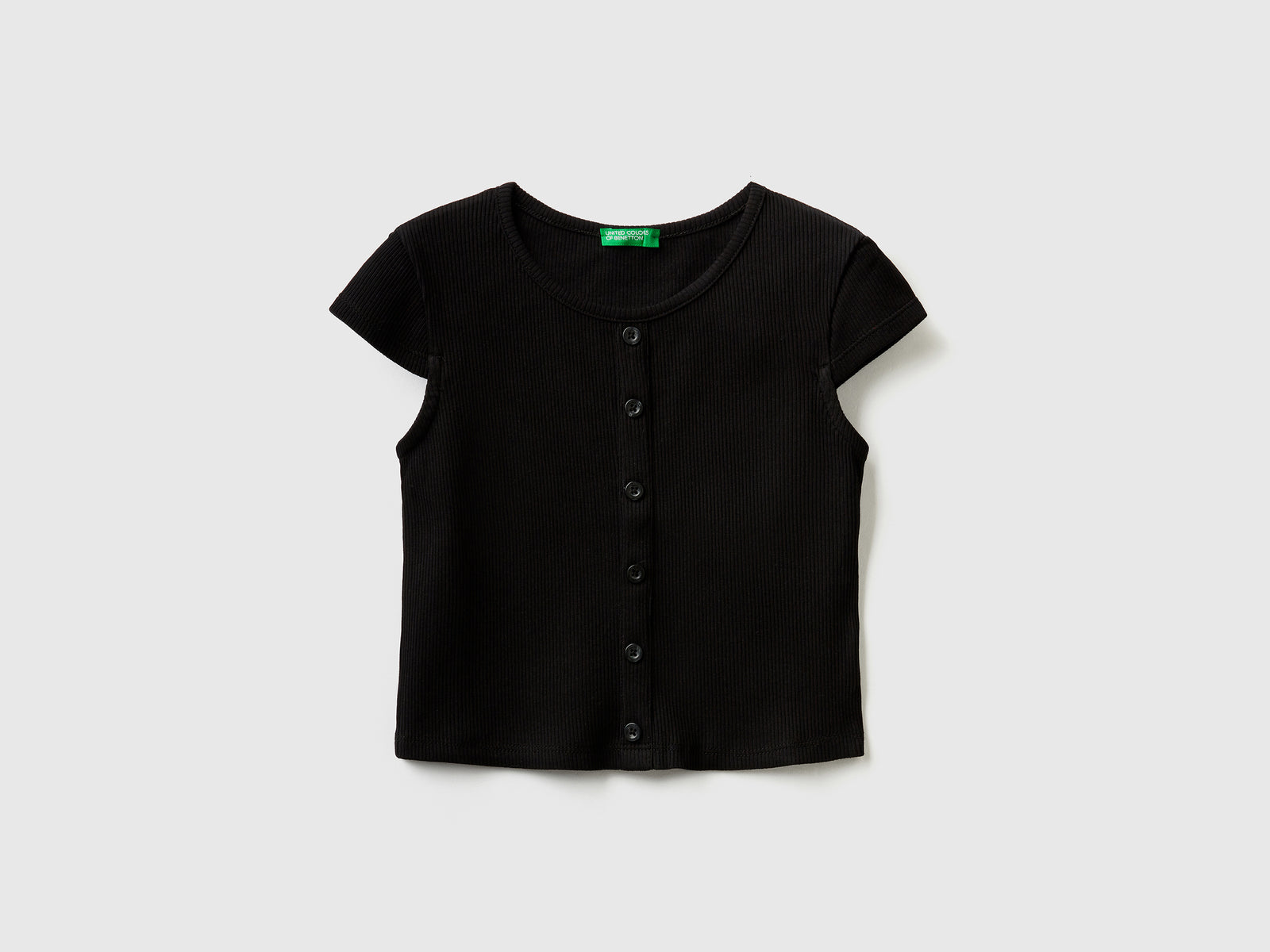 T-shirt girocollo a costine di cotone elasticizzato da bambina nero | Benetton Outlet