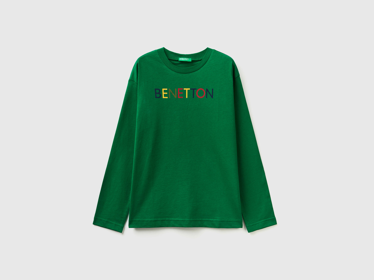 T-shirt manica lunga in cotone bio da bambino verde | Benetton Outlet