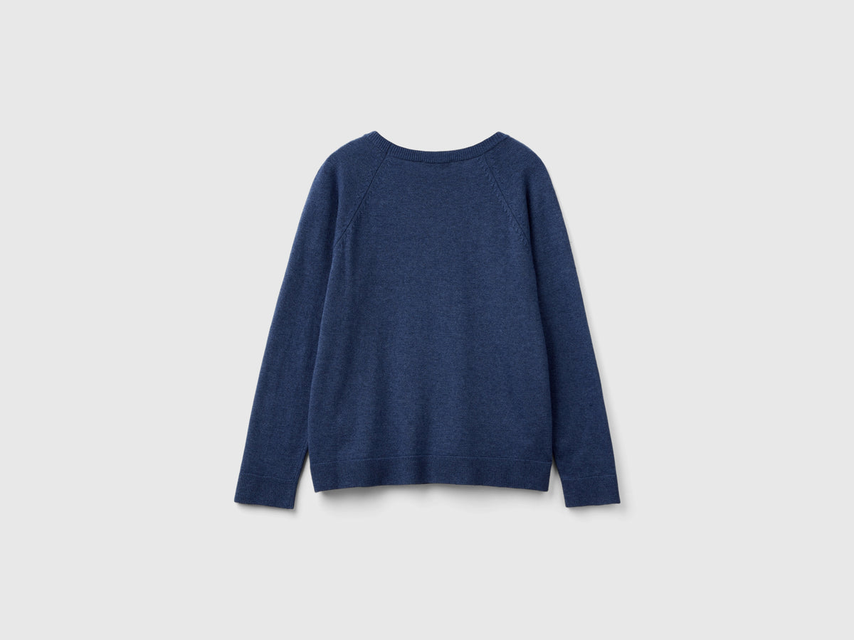 Maglia girocollo blu in misto lana e cashmere