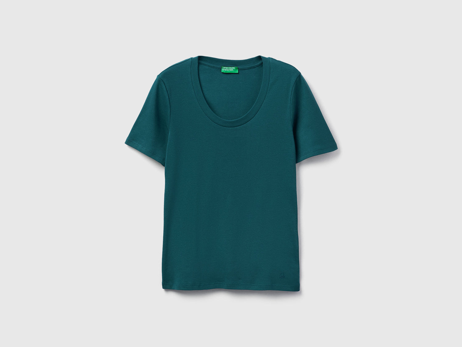 T-shirt manica corta in cotone a fibra lunga da donna verde scuro | Benetton Outlet