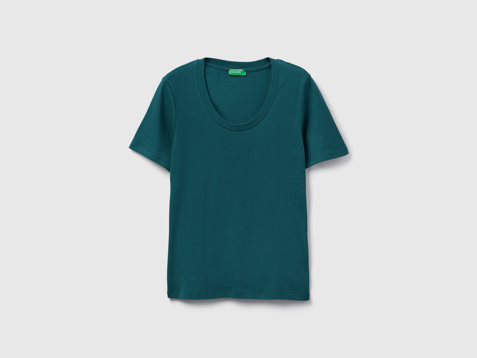 T-shirt manica corta in cotone a fibra lunga da donna verde scuro | Benetton Outlet
