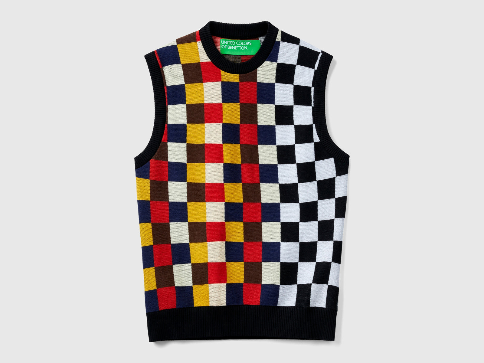 Gilet a scacchi 100% cotone da uomo nero | Benetton Outlet