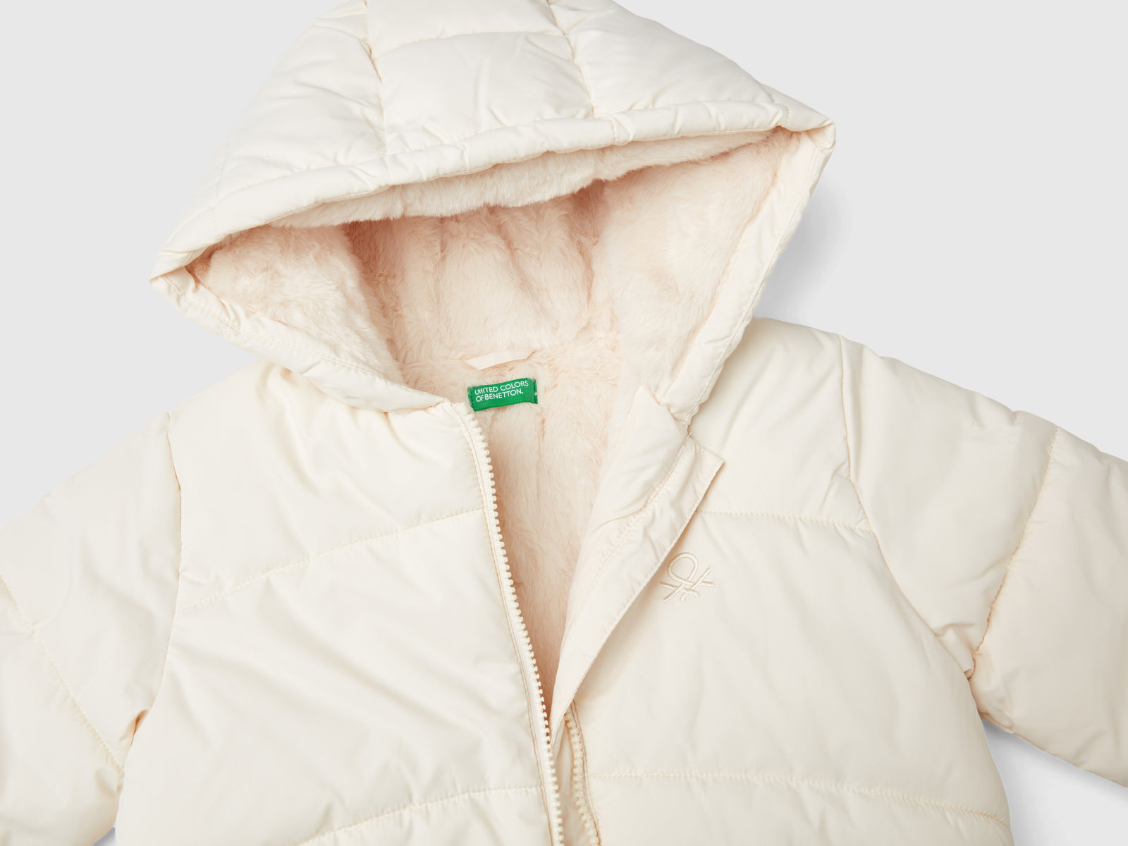 Giubbotto imbottito con cappuccio da bimba bianco panna 3 | Benetton Outlet