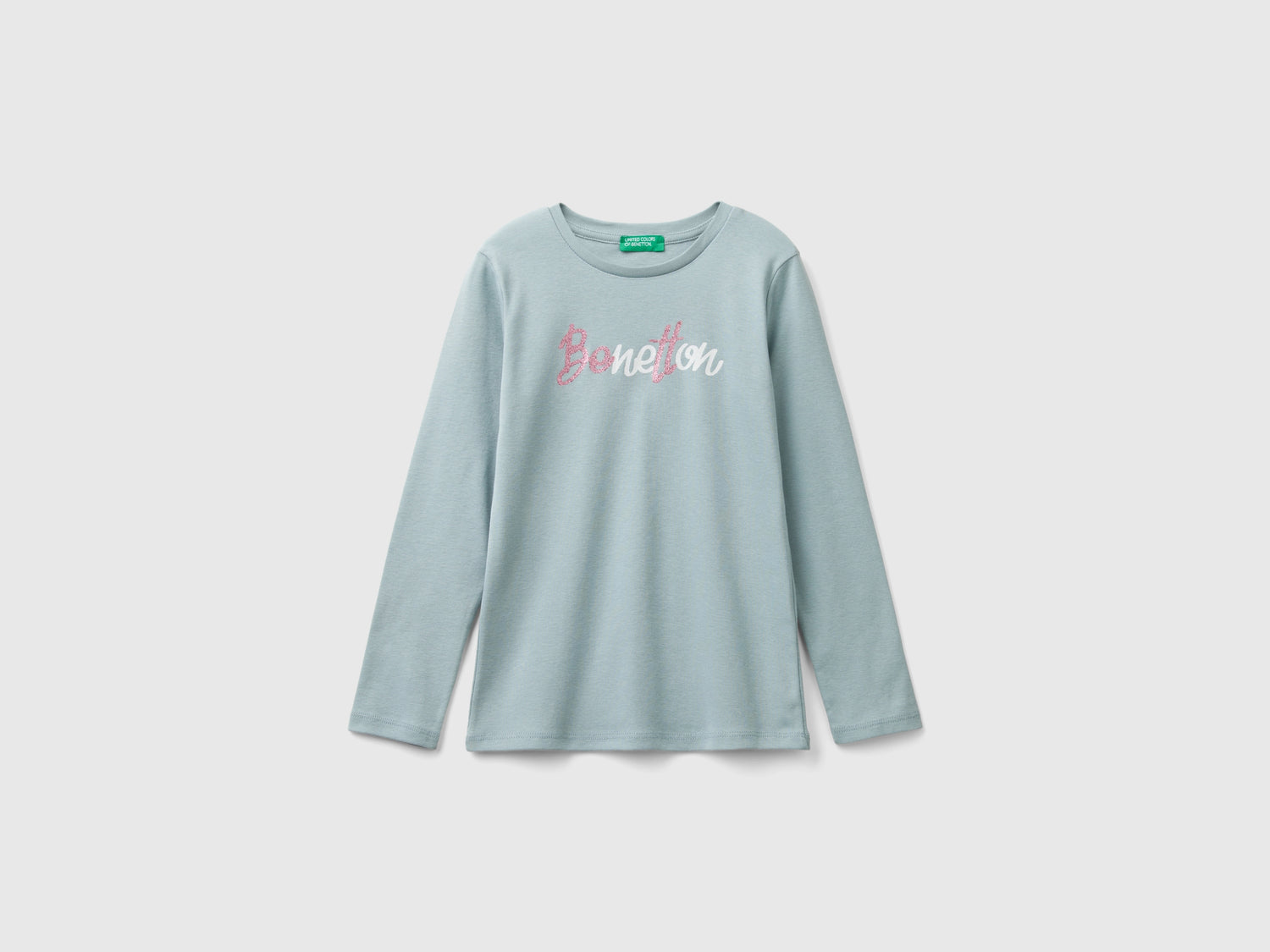 T-shirt manica lunga con stampa glitter da bambina grigio perla | Benetton Outlet