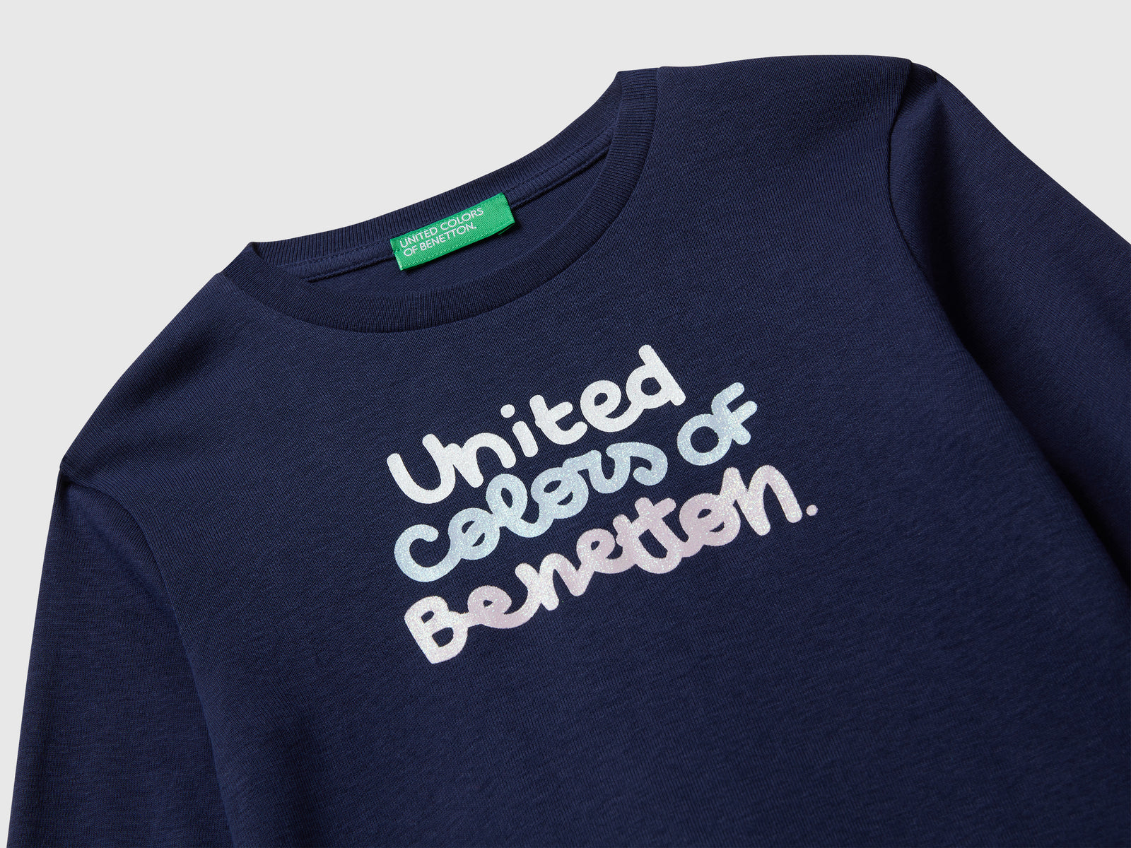 T-shirt con logo glitter in cotone da bimba blu scuro 3 | Benetton Outlet