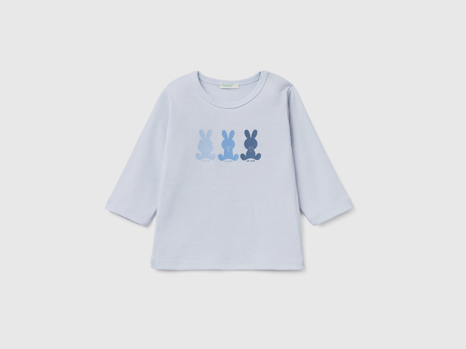 Maglietta girocollo a manica lunga in costina di puro cotone da neonato celeste | Benetton Outlet