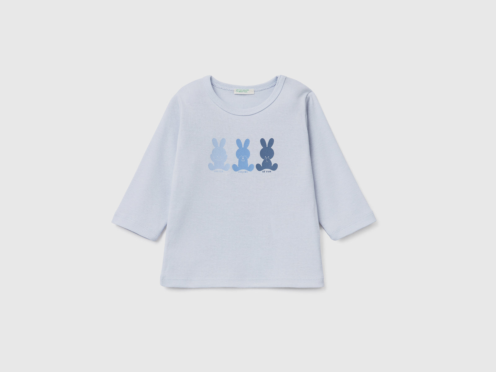 Maglietta girocollo a manica lunga in costina di puro cotone da neonato celeste | Benetton Outlet