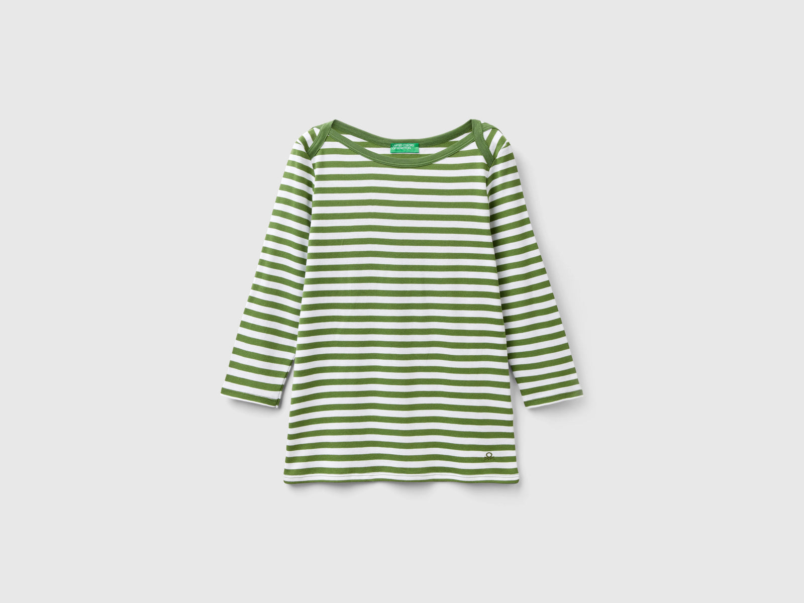 T-shirt manica 3/4 a righe in puro cotone da donna verde | Benetton Outlet