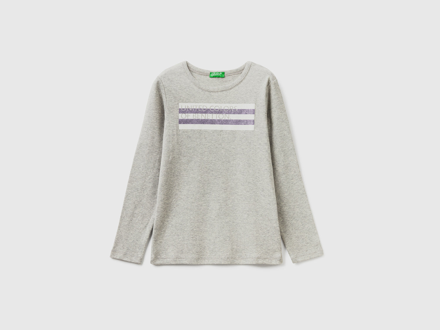 T-shirt manica lunga con stampa glitter da bambina grigio chiaro | Benetton Outlet