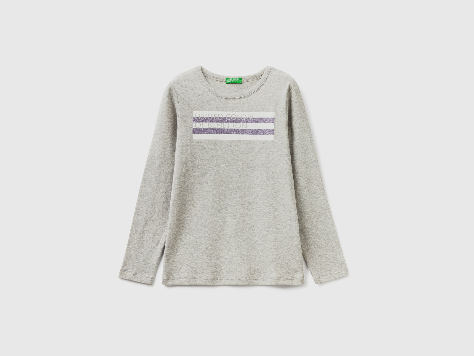 T-shirt manica lunga con stampa glitter da bambina grigio chiaro | Benetton Outlet