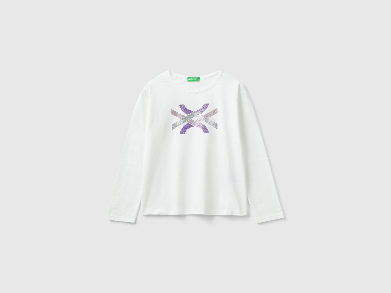 T-shirt in caldo cotone bio con glitter da bambina bianco | Benetton Outlet