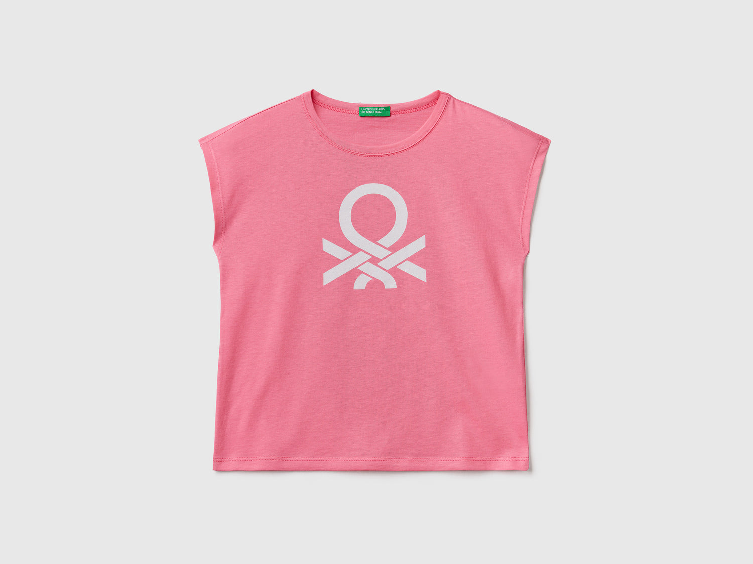 Maglietta girocollo a manica corta in puro cotone da bambina rosa | Benetton Outlet