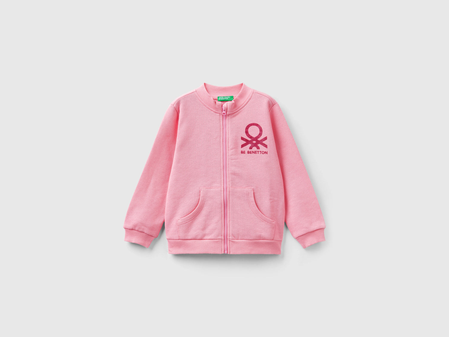Felpa con zip in cotone bio da bimba rosa | Benetton Outlet