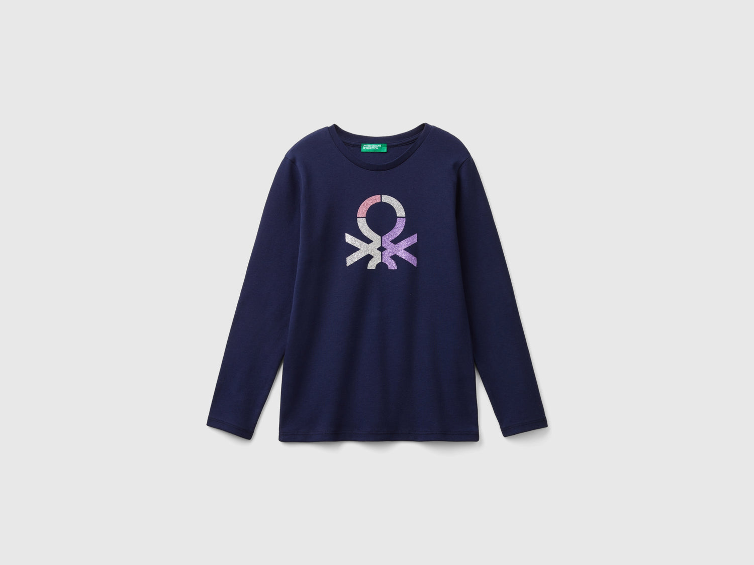 T-shirt manica lunga con stampa glitter da bambina blu scuro | Benetton Outlet