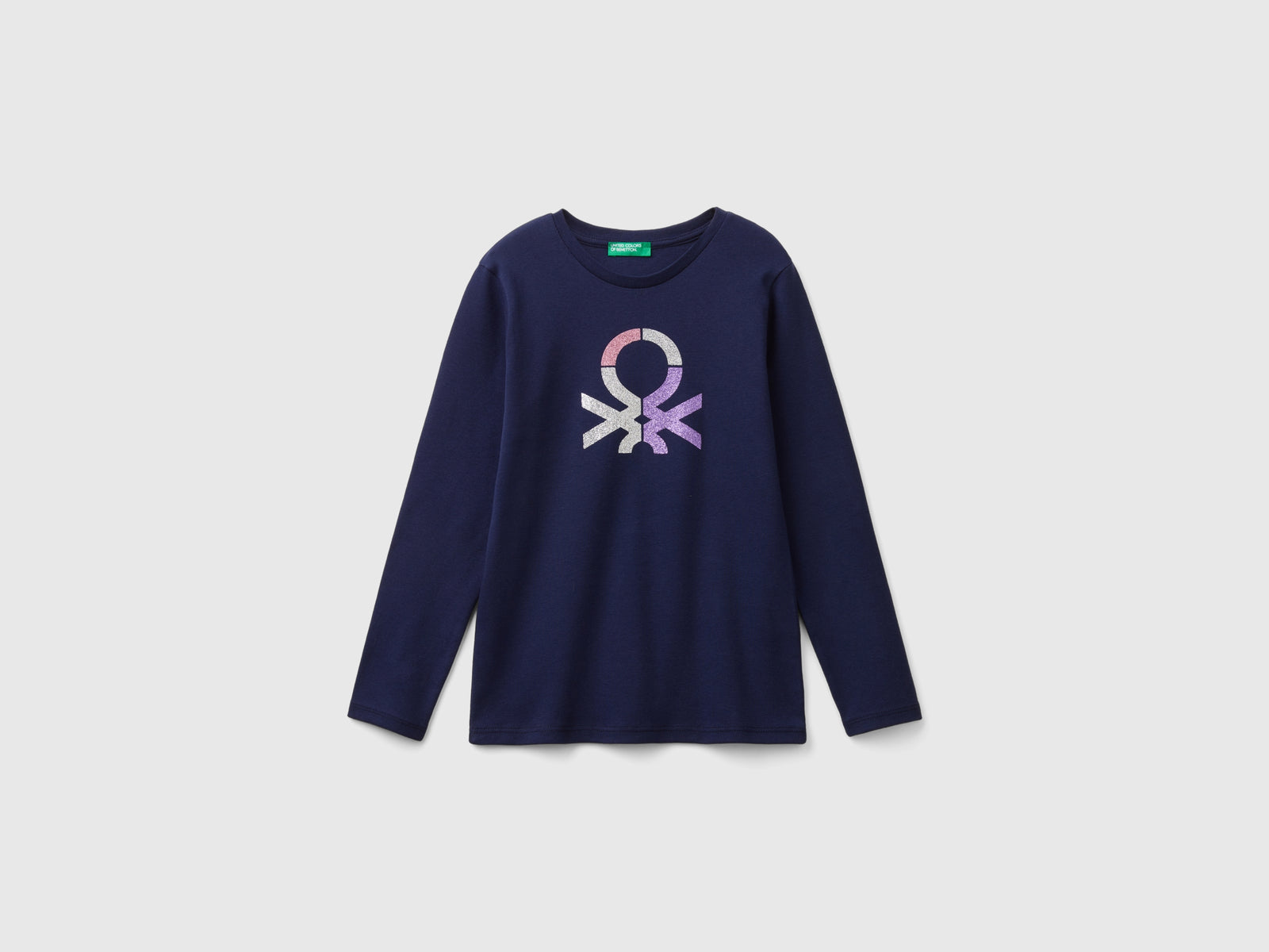T-shirt manica lunga con stampa glitter da bambina blu scuro | Benetton Outlet