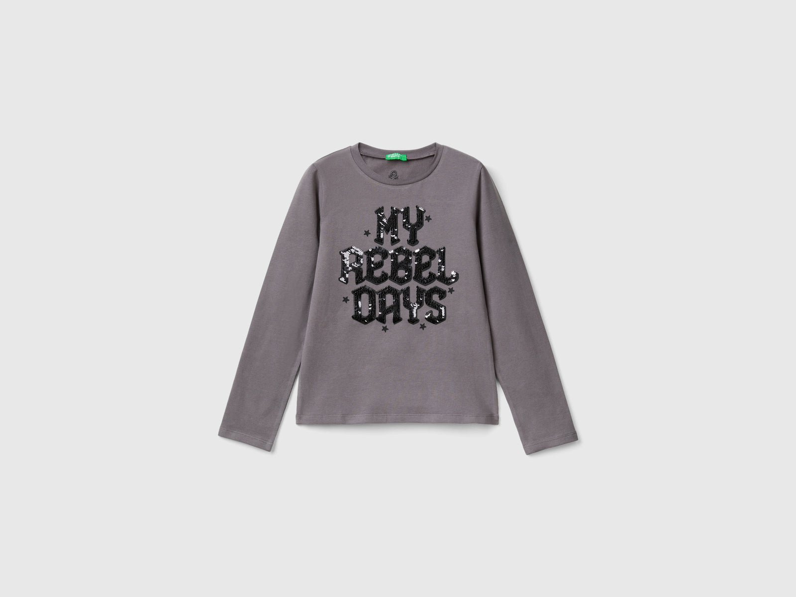 T-shirt con paillettes in cotone bio da bambina grigio scuro | Benetton Outlet