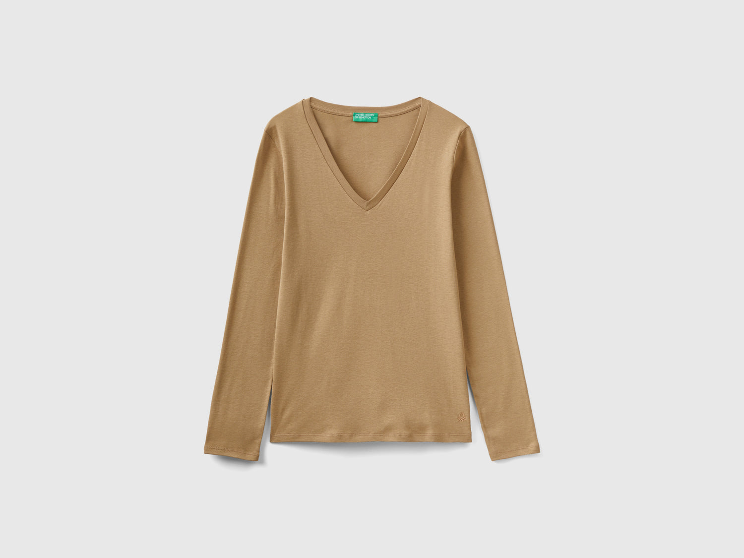 T-shirt a manica lunga con scollo a V da donna cammello | Benetton Outlet