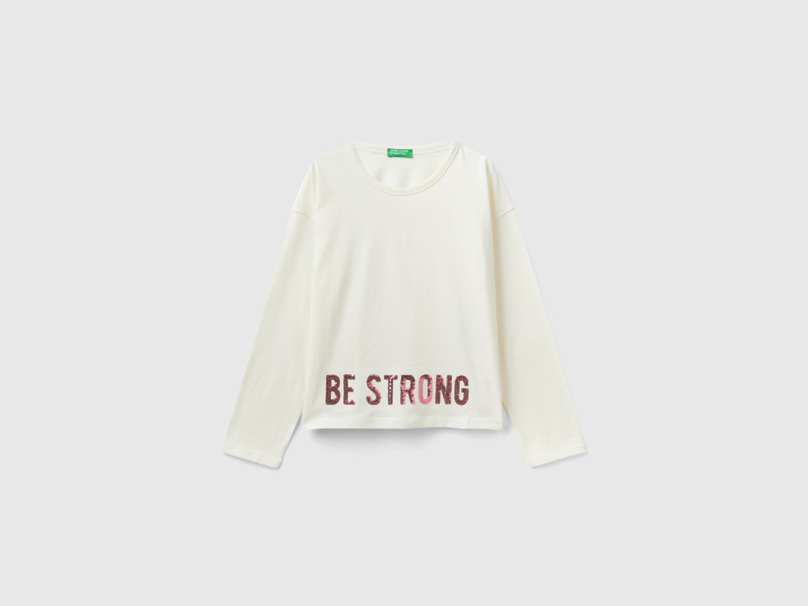 T-shirt con stampa e paillettes da bambina bianco panna | Benetton Outlet