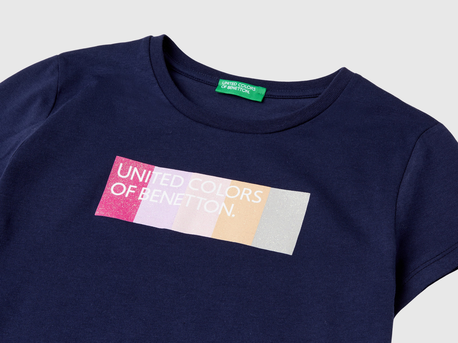 T-shirt con logo glitter in cotone bio da bambina blu scuro 3 | Benetton Outlet