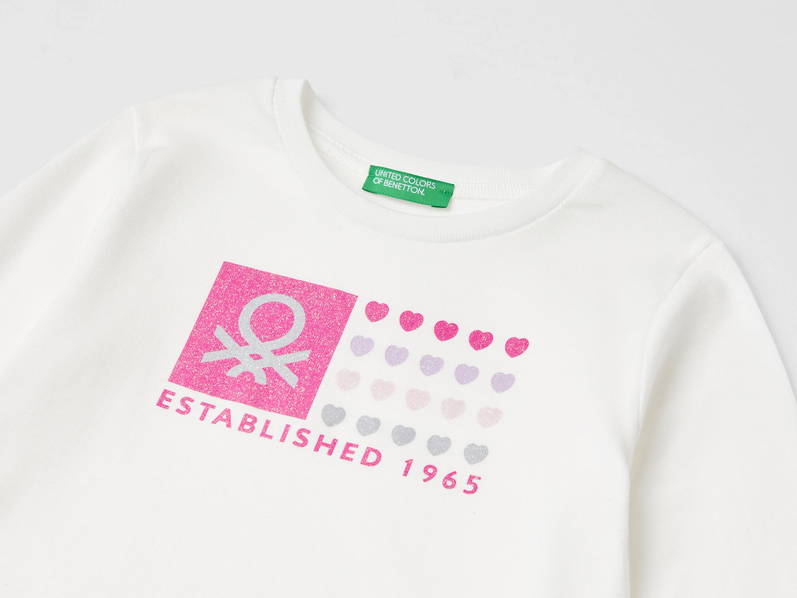 T-shirt con stampa glitter in cotone bio da bimba bianco panna 3 | Benetton Outlet