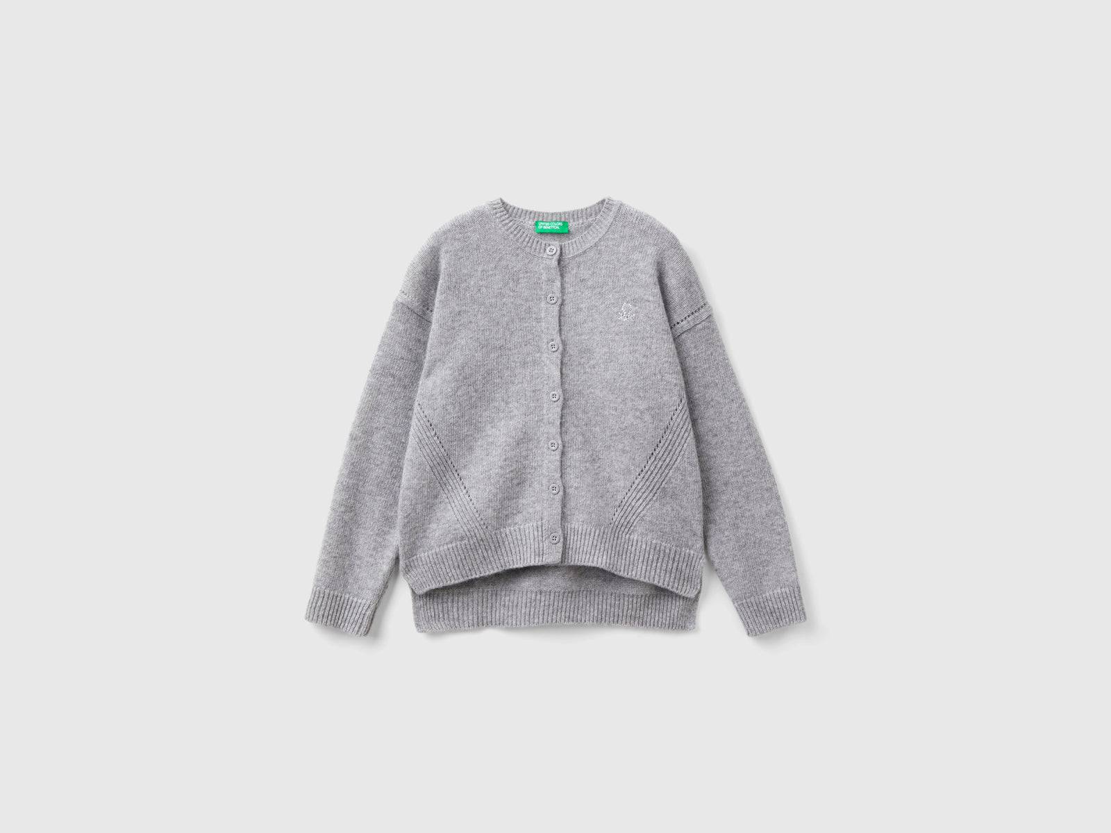 Cardigan girocollo con logo in strass da bambina grigio chiaro | Benetton Outlet