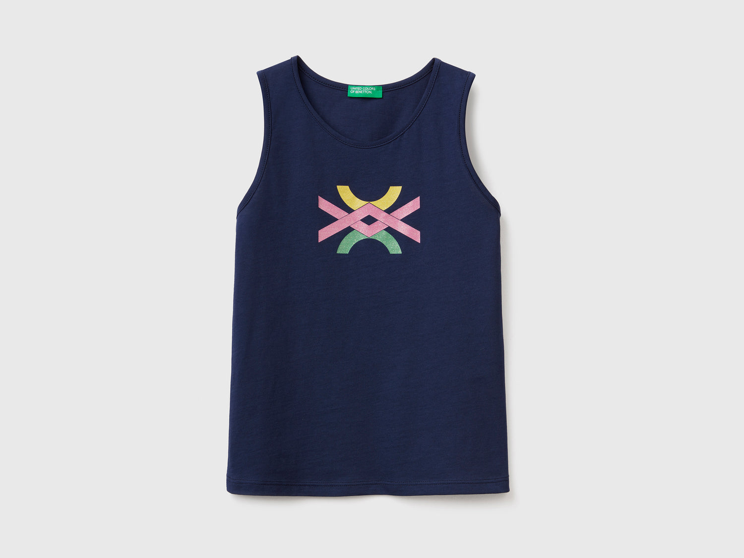 Top smanicato con scollo rotondo in puro cotone da bambina blu scuro | Benetton Outlet