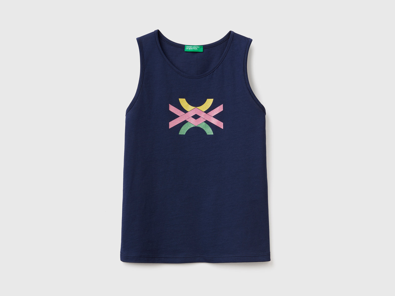 Top smanicato con scollo rotondo in puro cotone da bambina blu scuro | Benetton Outlet