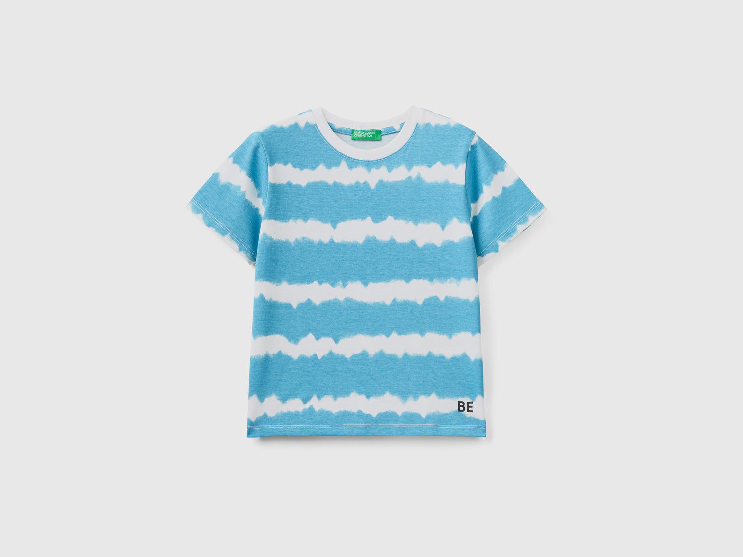 T-shirt girocollo a manica corta in puro cotone con stampa effetto tye-dye da bimbo turchese | Benetton Outlet