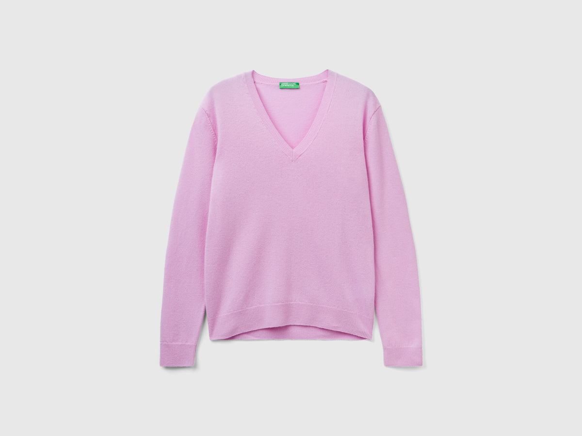 Maglia con scollo a V lilla in pura lana Merino