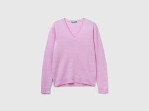 Maglia con scollo a V lilla in pura lana Merino