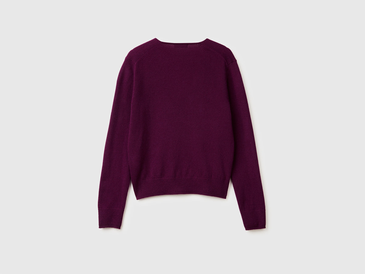 Maglione viola con scollo a V in pura lana Merino