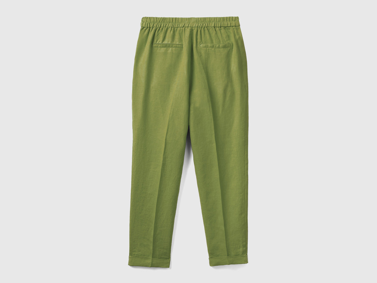 Pantaloni lunghi in puro lino con taglio cropped e gamba affusolata