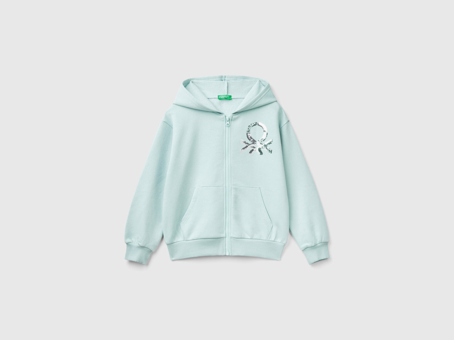 Felpa con zip e paillettes da bambina verde acqua | Benetton Outlet
