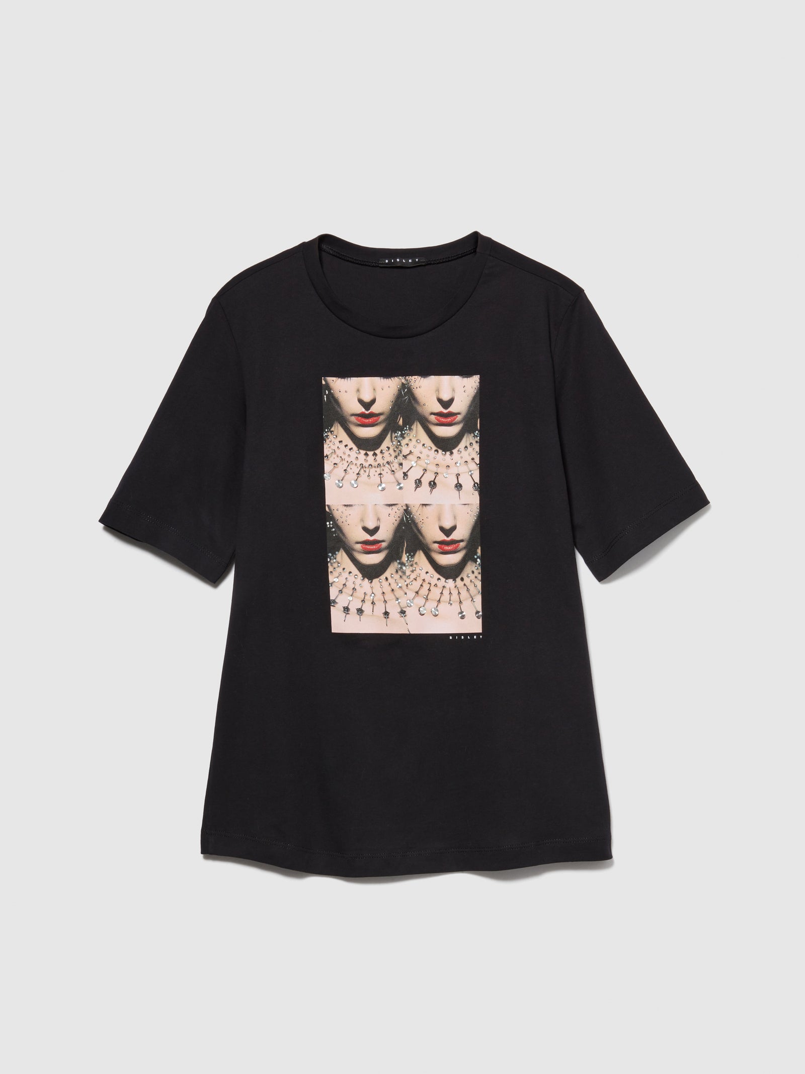 T-shirt con stampa e borchie da donna nero | Sisley Outlet