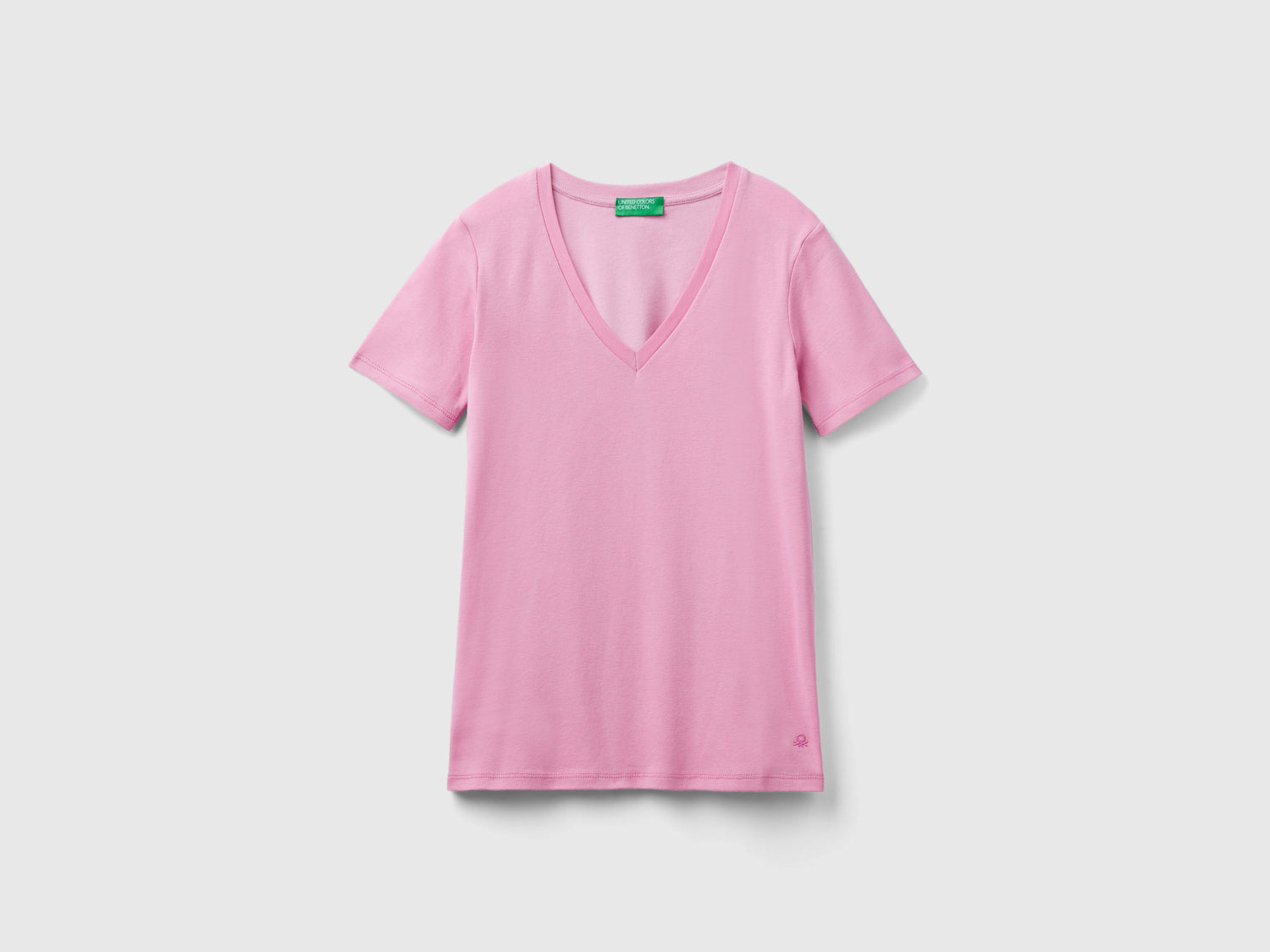T-shirt in puro cotone con scollo a V da donna rosa pastello | Benetton Outlet