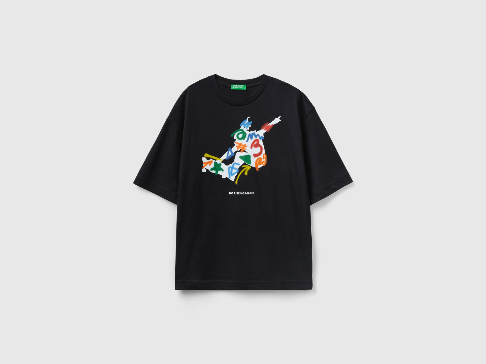 T-shirt girocollo con stampa da bambino nero | Benetton Outlet
